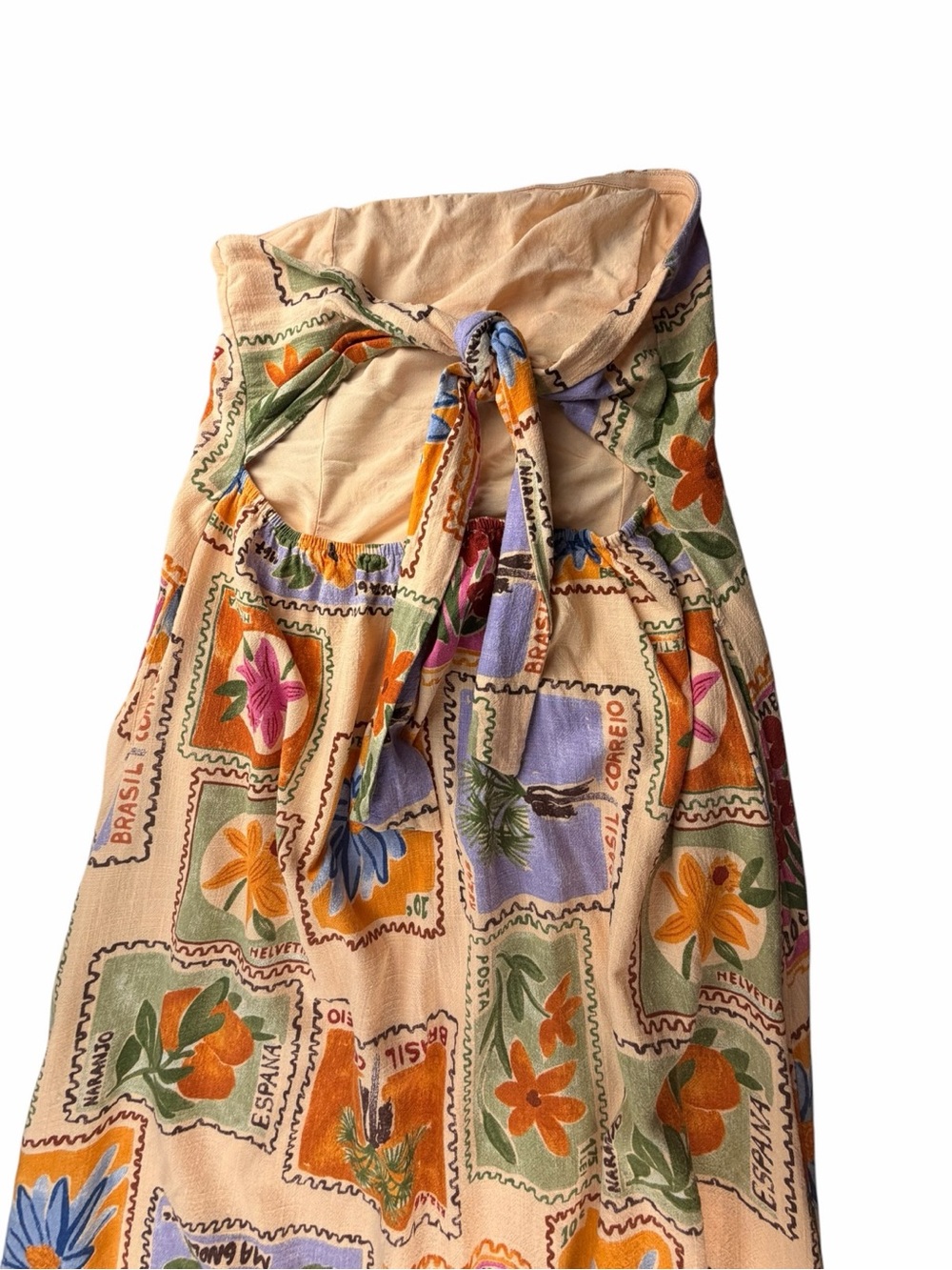 Anthropologie Paper Hearts Strapless Linen Blend Postcard-Stamp Maxi Dress Large - Picture 5 of 9